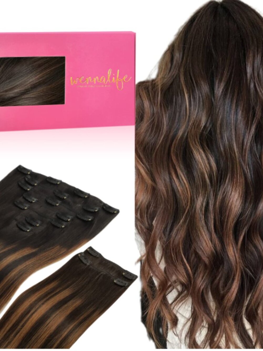 Clip-in Hair Extensions, 9pcs, 24 in. Balayage Natural Black to Chestnut Brown